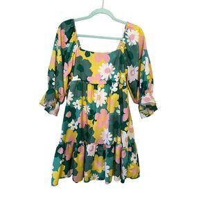 Peach Love California BOHO M green floral babydoll dress polyester
